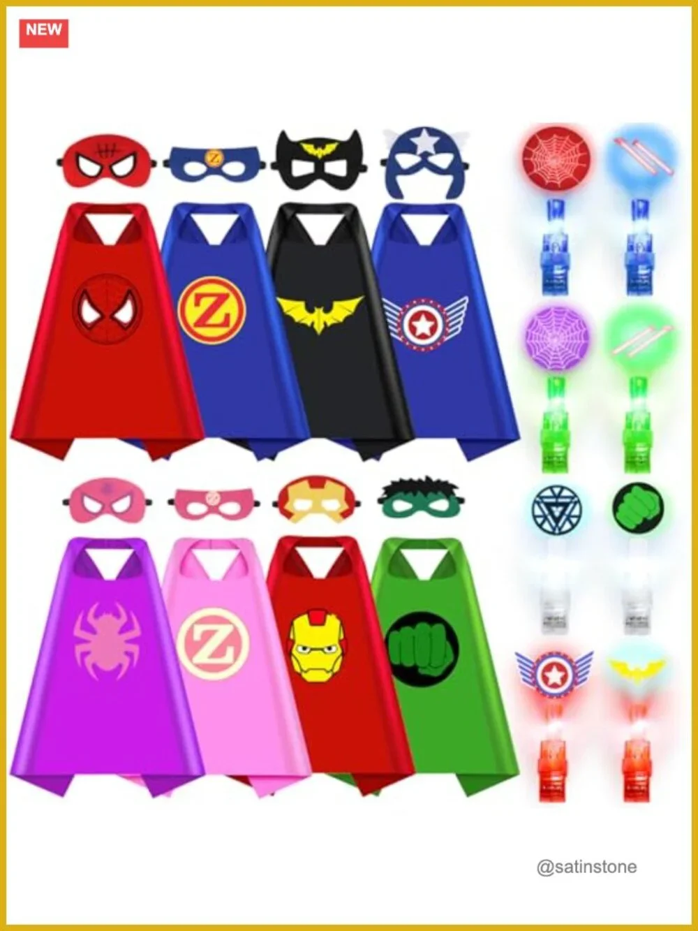 8 Pack Superhero Costume Capes with Masks and LED Finger Lights for Boys Girls